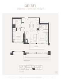 A floor plan for a 2 bedroom, 2 bathroom apartment sized at 730 square feet.
